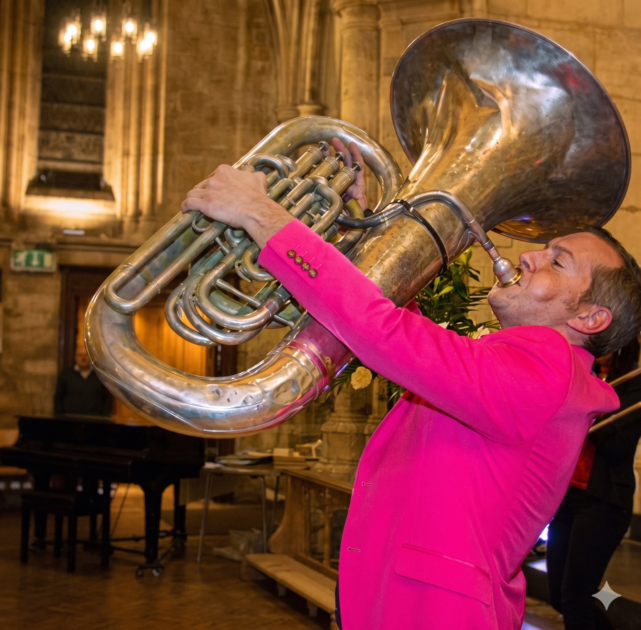 Nathan Gash playing the tuba in a bright pink suit